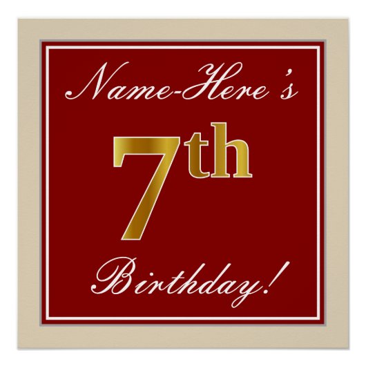 Elegant, rood, Faux Gold 7th Birthday + aangepaste Poster (Voorkant)