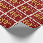 Elegant, rood, Faux Gold 80th Birthday; Naam op ma Cadeaupapier (Hoek)