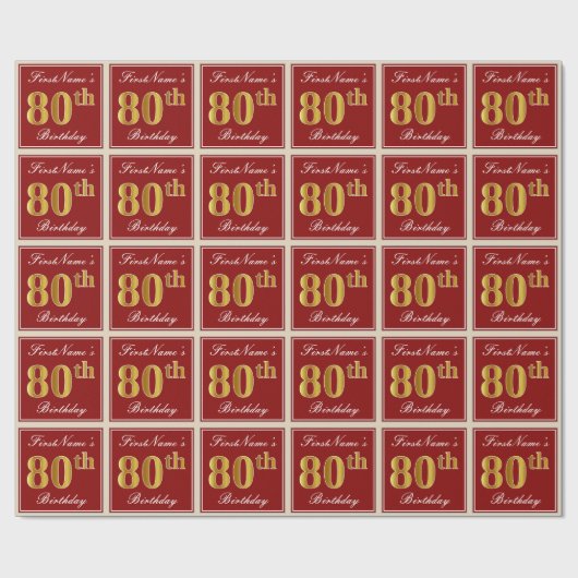 Elegant, rood, Faux Gold 80th Birthday; Naam op ma Cadeaupapier (Vlak)