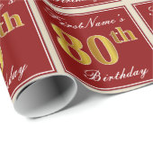 Elegant, rood, Faux Gold 80th Birthday; Naam op ma Cadeaupapier (Rol Hoek)