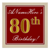 Elegant, rood, Faux Gold 80th Birthday; Naam op ma Poster (Voorkant)