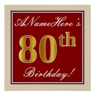 Elegant, rood, Faux Gold 80th Birthday; Naam op ma Poster