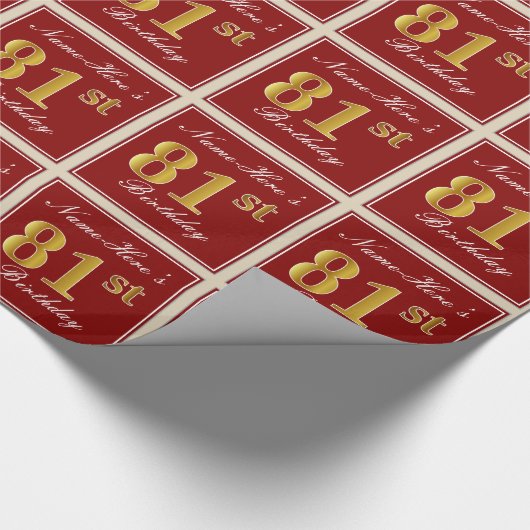 Elegant, rood, Faux Gold 81st verjaardag; Naam op Cadeaupapier (Hoek)