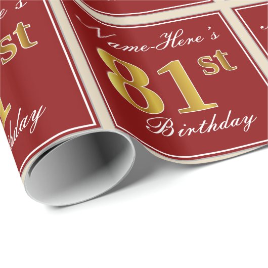 Elegant, rood, Faux Gold 81st verjaardag; Naam op  Cadeaupapier (Rol Hoek)