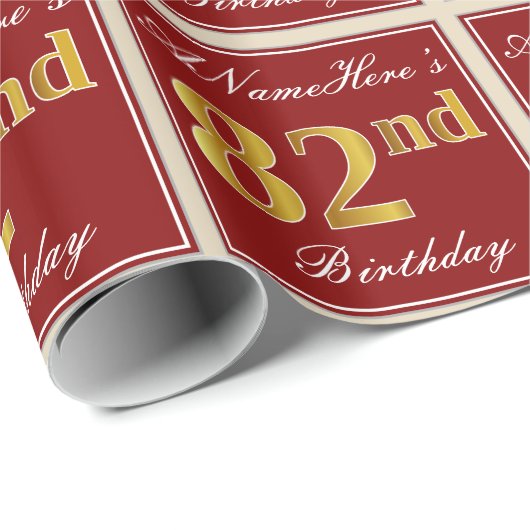 Elegant, rood, Faux Gold 82e verjaardag; Naam op m Cadeaupapier (Rol Hoek)