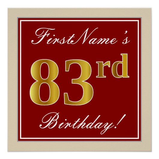 Elegant, rood, Faux Gold 83rd Birthday; Naam op ma Perfect Poster (Voorkant)
