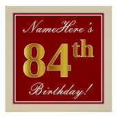 Elegant, rood, Faux Gold 84th Birthday; Naam op ma Poster (Voorkant)
