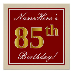 Elegant, rood, Faux Gold 85th Birthday; Naam op ma Perfect Poster