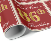 Elegant, rood, Faux Gold 86th Birthday; Naam op ma Cadeaupapier (Rol Hoek)