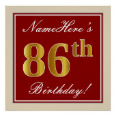 Elegant, rood, Faux Gold 86th Birthday; Naam op ma Poster (Voorkant)