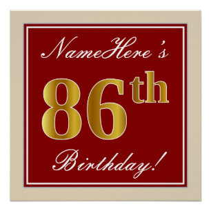 Elegant, rood, Faux Gold 86th Birthday; Naam op ma Poster