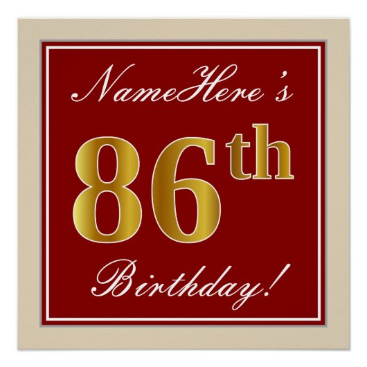 Elegant, rood, Faux Gold 86th Birthday; Naam op ma Poster (Voorkant)