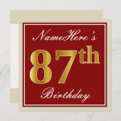 Elegant, rood, Faux Gold 87th Birthday; Naam op ma Kaart (Voorkant / Achterkant)