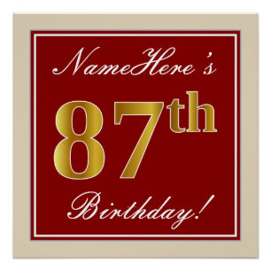 Elegant, rood, Faux Gold 87th Birthday; Naam op ma Perfect Poster