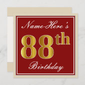 Elegant, rood, Faux Gold 88th Birthday; Naam op ma Kaart (Voorkant / Achterkant)