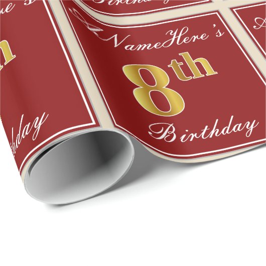 Elegant, rood, Faux Gold 8th Birthday + aangepaste Cadeaupapier (Rol Hoek)