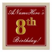 Elegant, rood, Faux Gold 8th Birthday + aangepaste Poster (Voorkant)