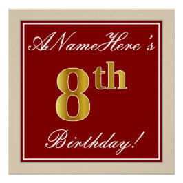 Elegant, rood, Faux Gold 8th Birthday + aangepaste Poster