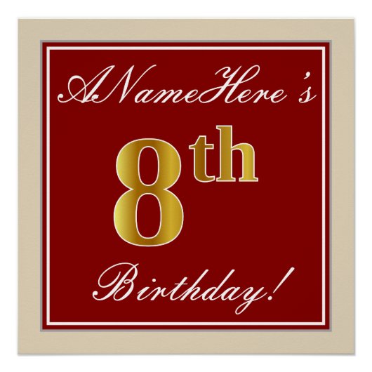 Elegant, rood, Faux Gold 8th Birthday + aangepaste Poster (Voorkant)