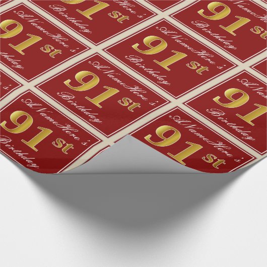 Elegant, rood, Faux Gold 91st verjaardag; Naam op  Cadeaupapier (Hoek)