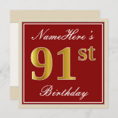 Elegant, rood, Faux Gold 91st verjaardag; Naam op  Kaart (Voorkant / Achterkant)