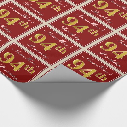 Elegant, rood, Faux Gold 94th Birthday; Naam op ma Cadeaupapier (Hoek)