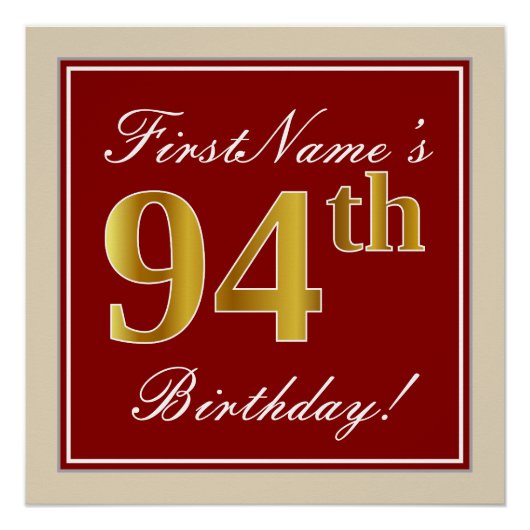 Elegant, rood, Faux Gold 94th Birthday; Naam op ma Perfect Poster (Voorkant)