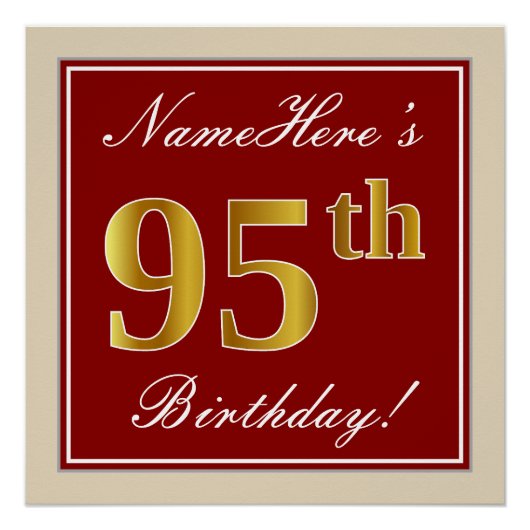 Elegant, rood, Faux Gold 95th Birthday; Naam op ma Perfect Poster (Voorkant)