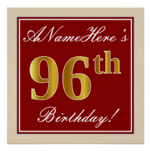 Elegant, rood, Faux Gold 96th Birthday; Naam op ma Poster