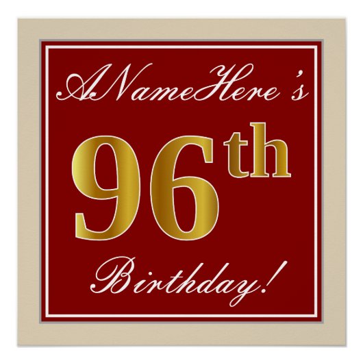 Elegant, rood, Faux Gold 96th Birthday; Naam op ma Poster (Voorkant)