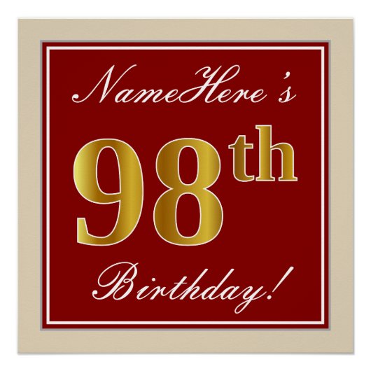 Elegant, rood, Faux Gold 98th Birthday; Naam op ma Poster (Voorkant)