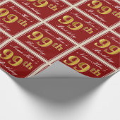 Elegant, rood, Faux Gold 99th Birthday; Naam op ma Cadeaupapier (Hoek)
