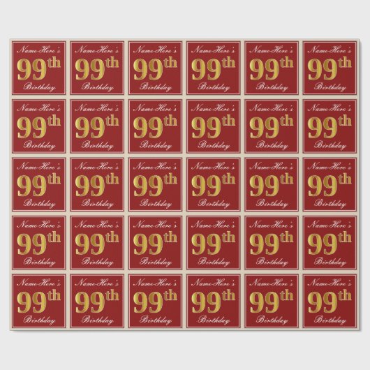 Elegant, rood, Faux Gold 99th Birthday; Naam op ma Cadeaupapier (Vlak)