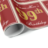 Elegant, rood, Faux Gold 99th Birthday; Naam op ma Cadeaupapier (Rol Hoek)