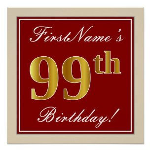 Elegant, rood, Faux Gold 99th Birthday; Naam op ma Poster