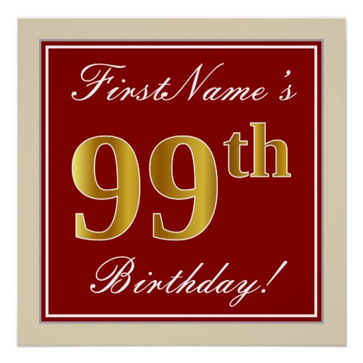 Elegant, rood, Faux Gold 99th Birthday; Naam op ma Poster (Voorkant)