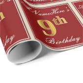 Elegant, rood, Faux Gold 9th Birthday + aangepaste Cadeaupapier (Rol Hoek)