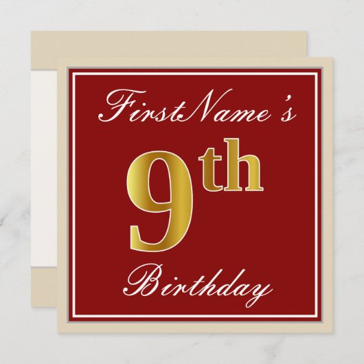 Elegant, rood, Faux Gold 9th Birthday + aangepaste Kaart (Voorkant / Achterkant)