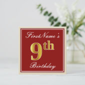 Elegant, rood, Faux Gold 9th Birthday + aangepaste Kaart (Staand voorkant)