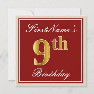 Elegant, rood, Faux Gold 9th Birthday + aangepaste Kaart