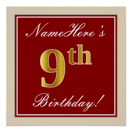 Elegant, rood, Faux Gold 9th Birthday + aangepaste Poster (Voorkant)