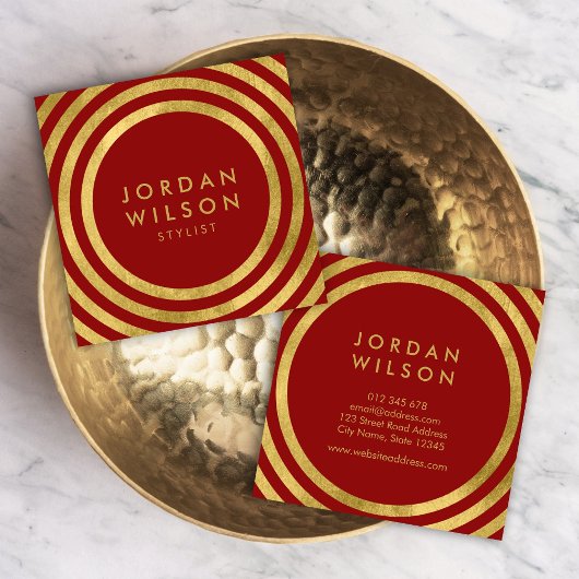 Elegant rood faux goud ronde lijnen geometrisch vierkante visitekaartje