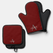 Elegant rood gepersonaliseerd monogram naam ovenwant & pannenlap set (Voorkant / Achterkant)