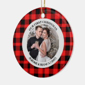 Elegant rood geruite eerste kerst paar foto keramisch ornament (Links)