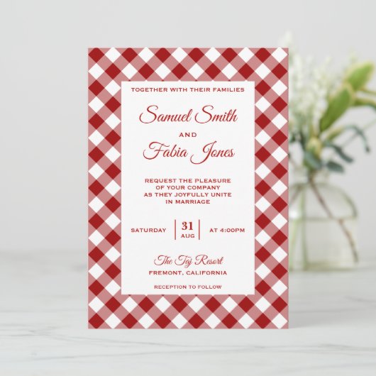 Elegant rood gingham patroon bruiloft uitnodiging (Staand voorkant)