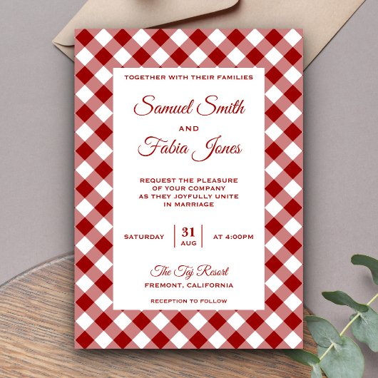 Elegant rood gingham patroon bruiloft uitnodiging