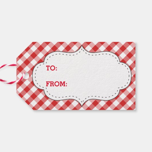 Elegant rood gingham patroon gepersonaliseerde ver cadeaulabel (Achterkant Horizontaal)