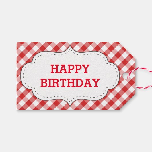 Elegant rood gingham patroon gepersonaliseerde ver cadeaulabel (Voorkant (Horizontaal))