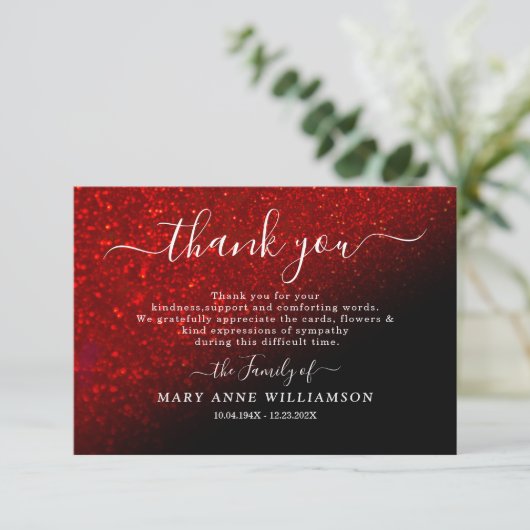 Elegant rood glitter script begrafenis bedankt kaa (Staand voorkant)