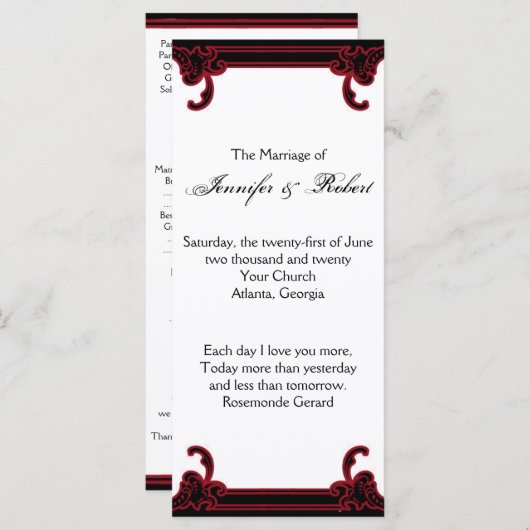 Elegant rood gotisch Lijst bruiloft programma Programmakaart (Voorkant / Achterkant)